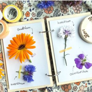 Boekje met gedroogde bloemen en daarbij bijgeschreven wat het is met een vergrootglas, ontdekking van de natuur.