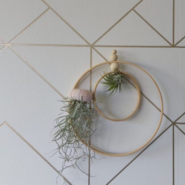 DIY luchtplantjes in een grote en kleine houten ring met hangende plantjes voor een abstracte behang wand in wit met goud dessin.