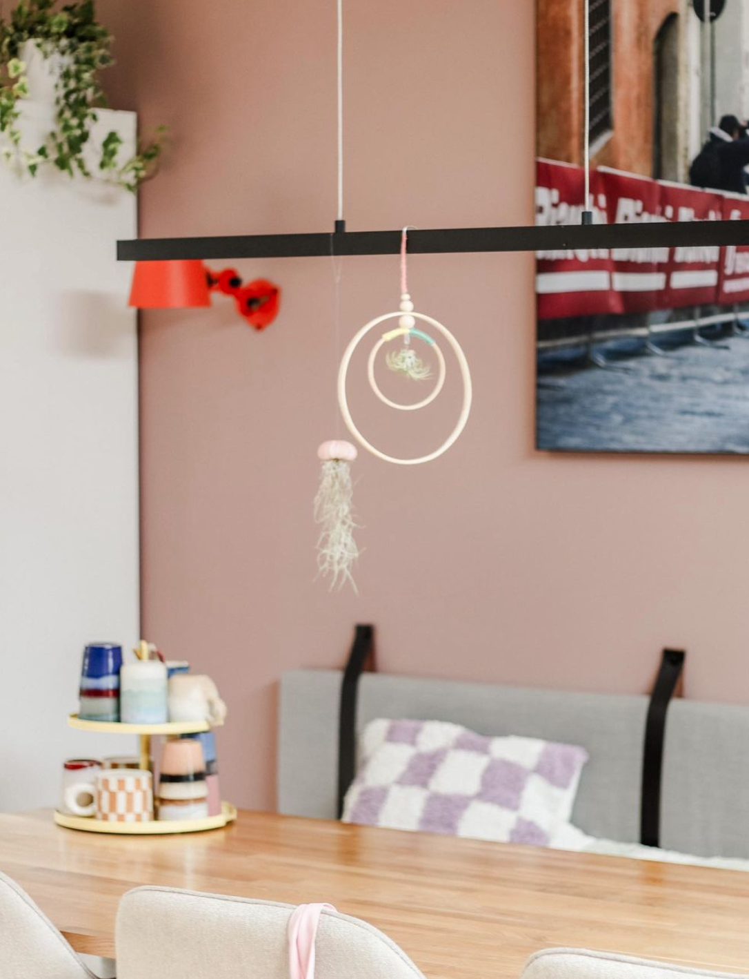 Wandhanger luchtplantjes boven de eettafel gehangen aan een lamp, met een bank en woon accessoires.