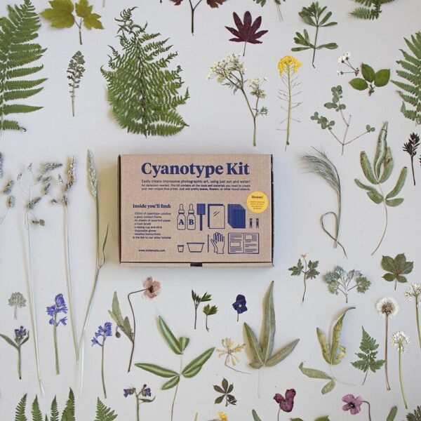 Cyanotypie kit DIY pakket op een tafel met bloemen en planten.