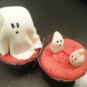 Red velvet Halloween cupcakes.
