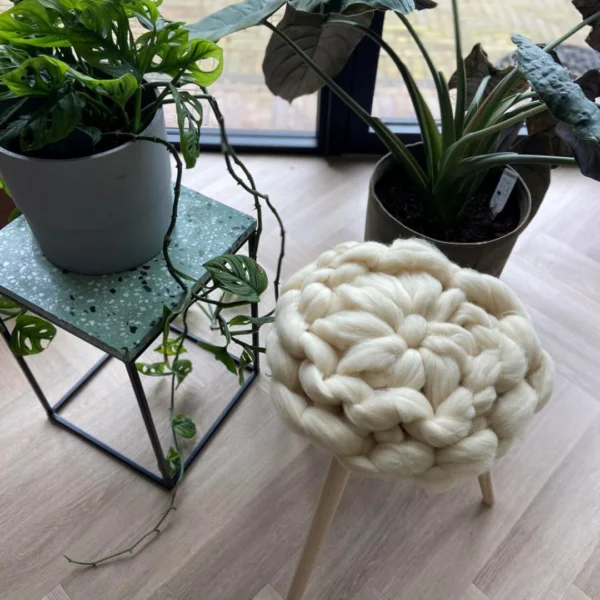 Melk kruk met lontwol in ivoor op een laminaat vloer naast een aantal grote planten.
