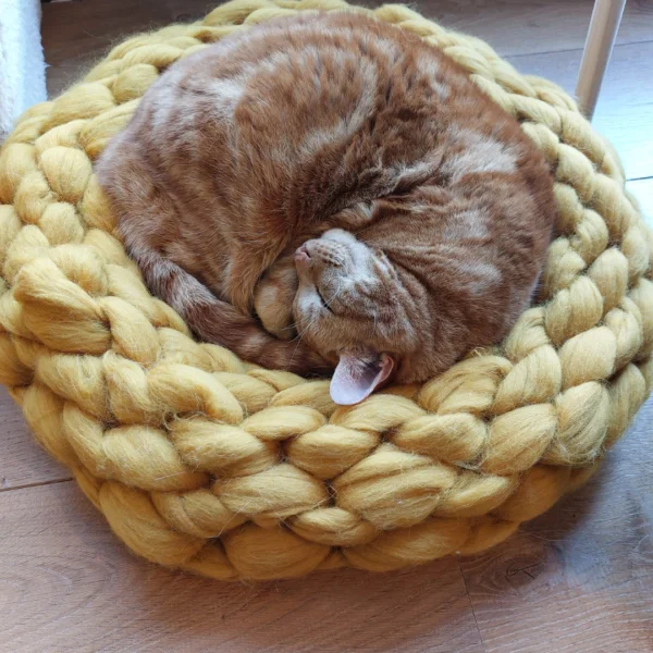 Een ronde mand gebreid met okergele lontwol.