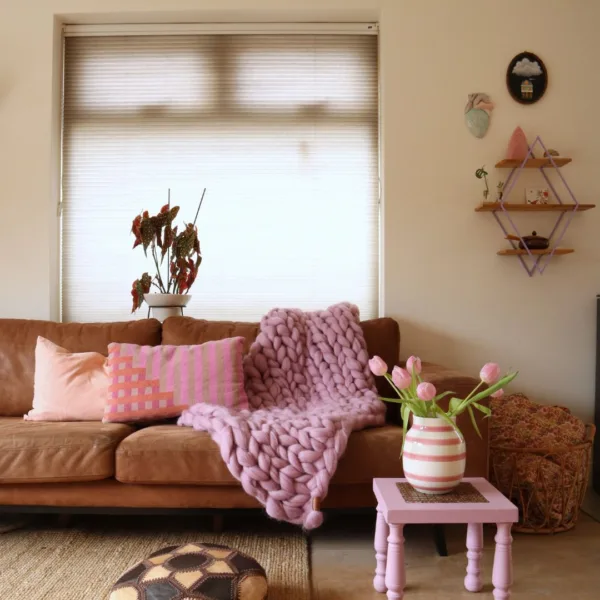 Woondeken in zacht roze blush met een blokjes patroon op de bank, en voorjaar accessoires.