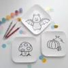 Versier je eigen halloween / herfst bordjes met een print van een pompoen, vleermuis en paddenstoel.