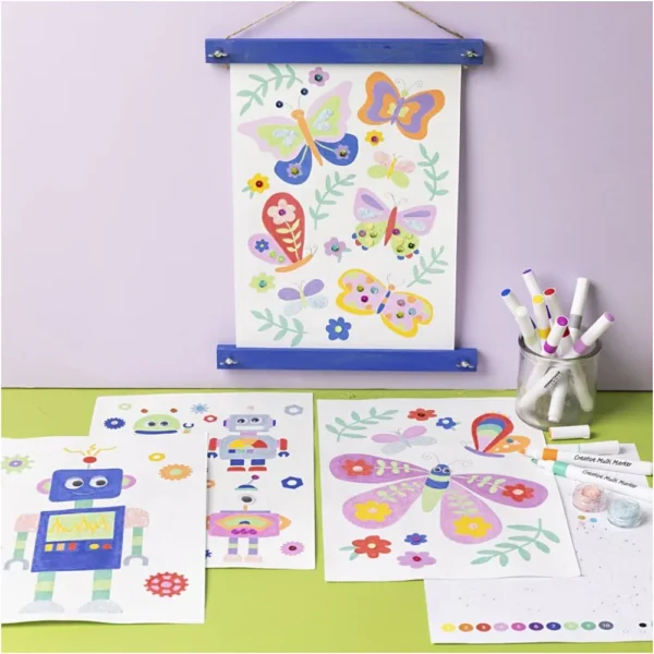 Kleuren voor kinderen, maak je eigen vlinder- en robot prints voor aan de muur.