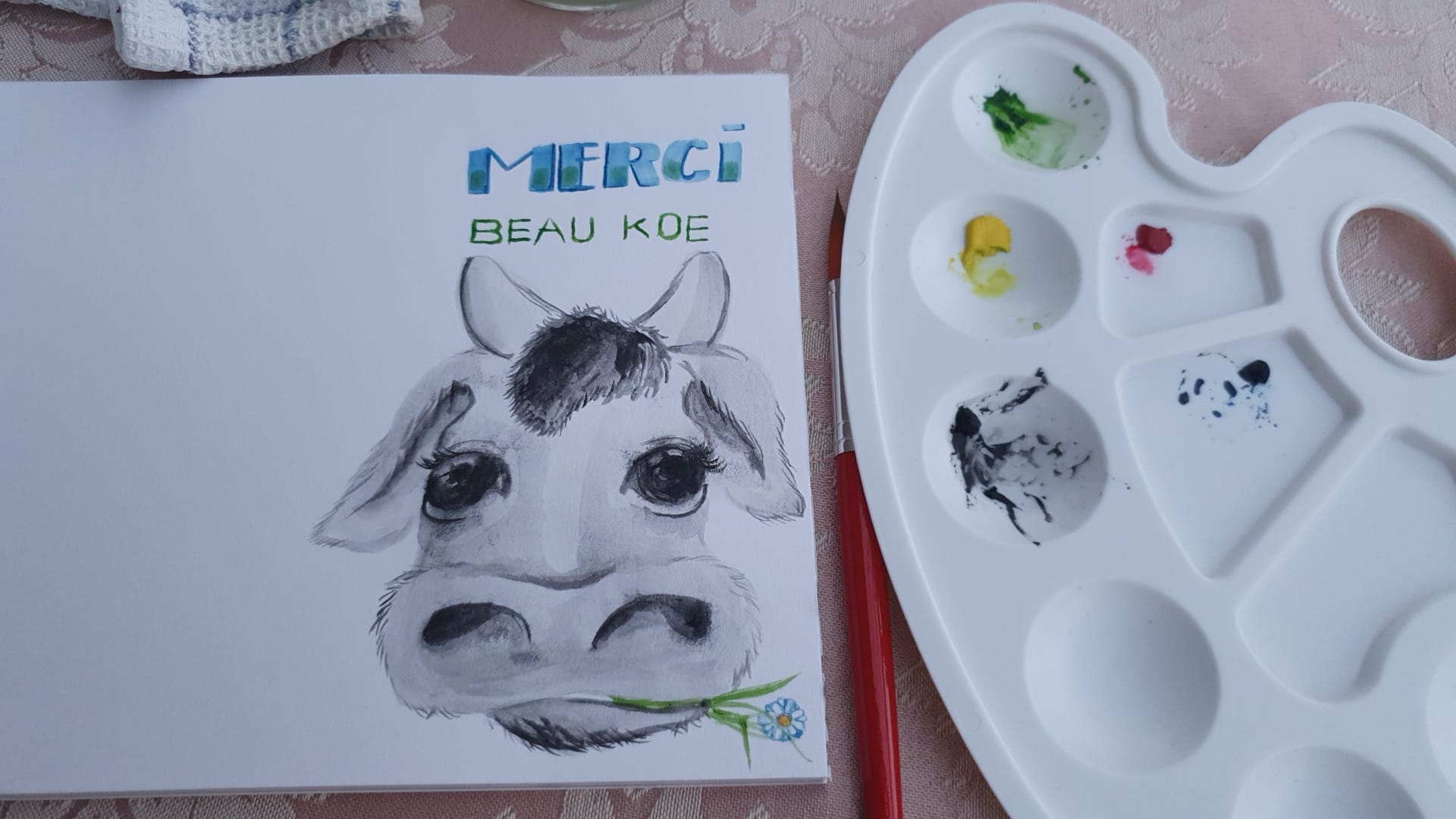 Merci beau koe - bedankje voor de juf of meester schilderen met aquarelverf door @gelukjes.van.maris.