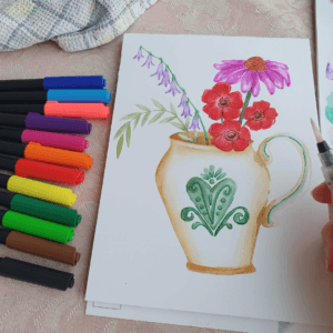 Maak je eigen aquarel met de aquarel set met markers. Tekening van een bloemenvaas.