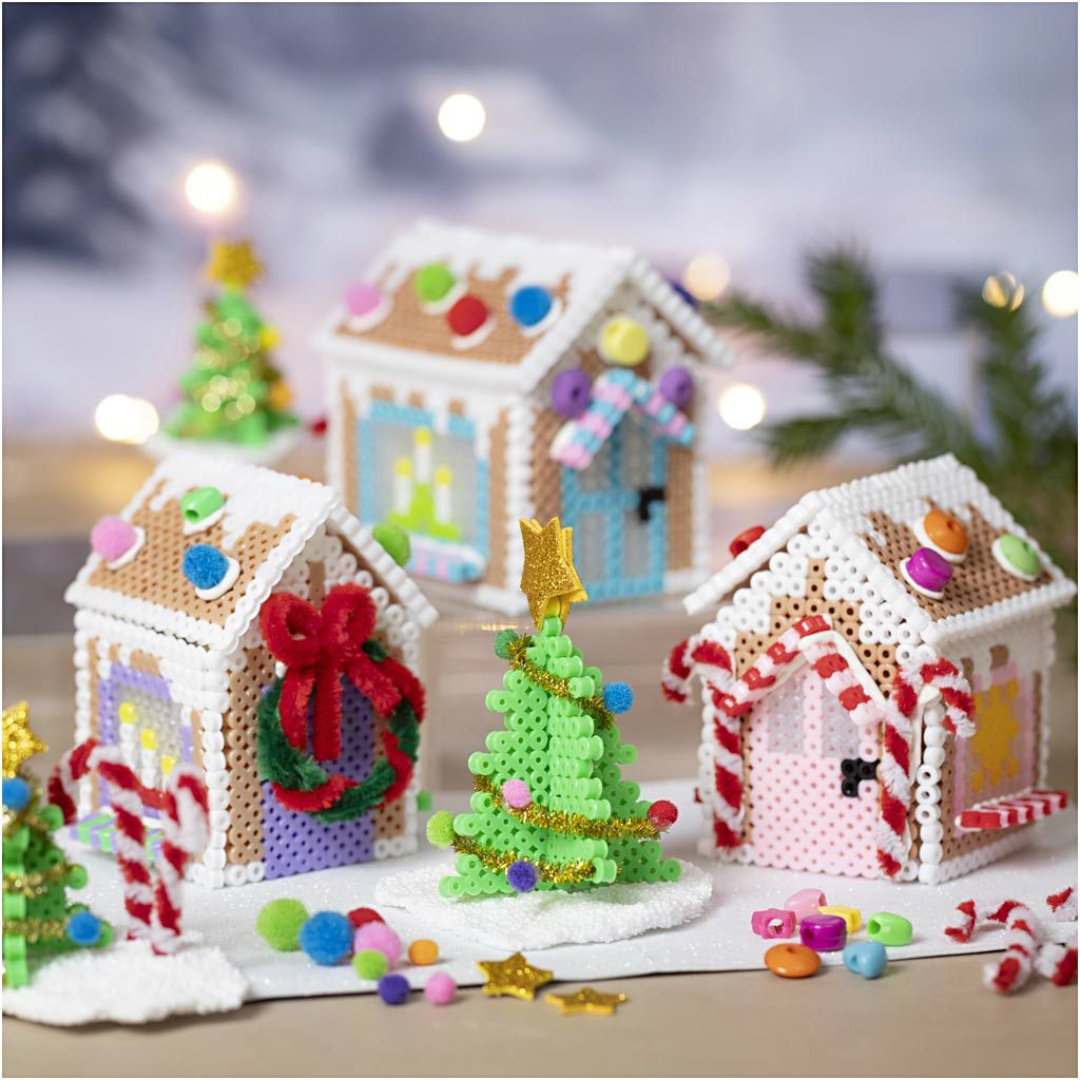 Kerst dorpje strijkkralen sfeerbeeld.